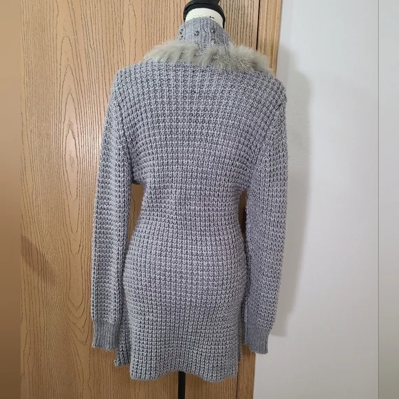 Sioni Long Studded Wool Blend Rabbit Fur Trim Cozy Knit Cardigan Sweater - Picture 3 of 5
